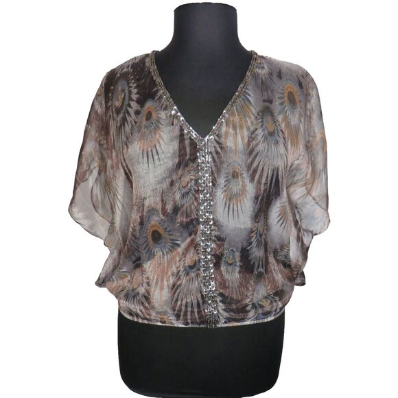 Forever 21 Sheer Feather Print Beaded Elastic Waist Flutter Sleeve Blouse Size L - Picture 1 of 8